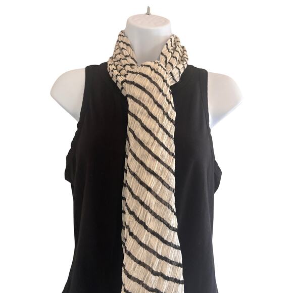 Sheer Cream Black Striped Scarf Raw Hem Spring Fall Transition Minimalist - Picture 1 of 2